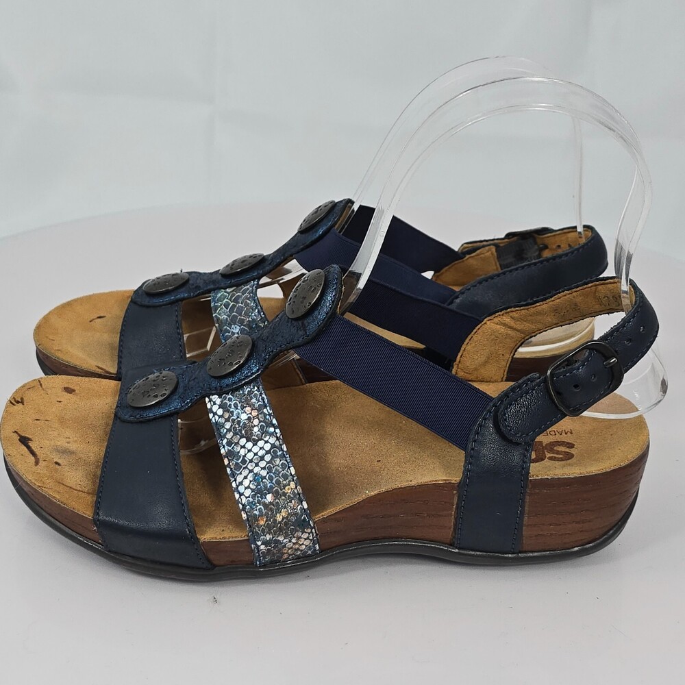 SAS Clover 9379-671 Women 5.5 M Navy Multi Elastic T-Strap Wedge Comfort Sandals